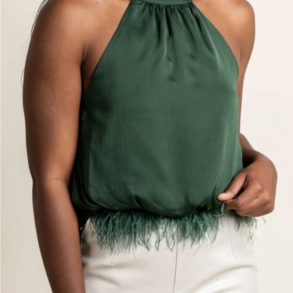 Chic Forest Green Halter Blouse with Feather Detail